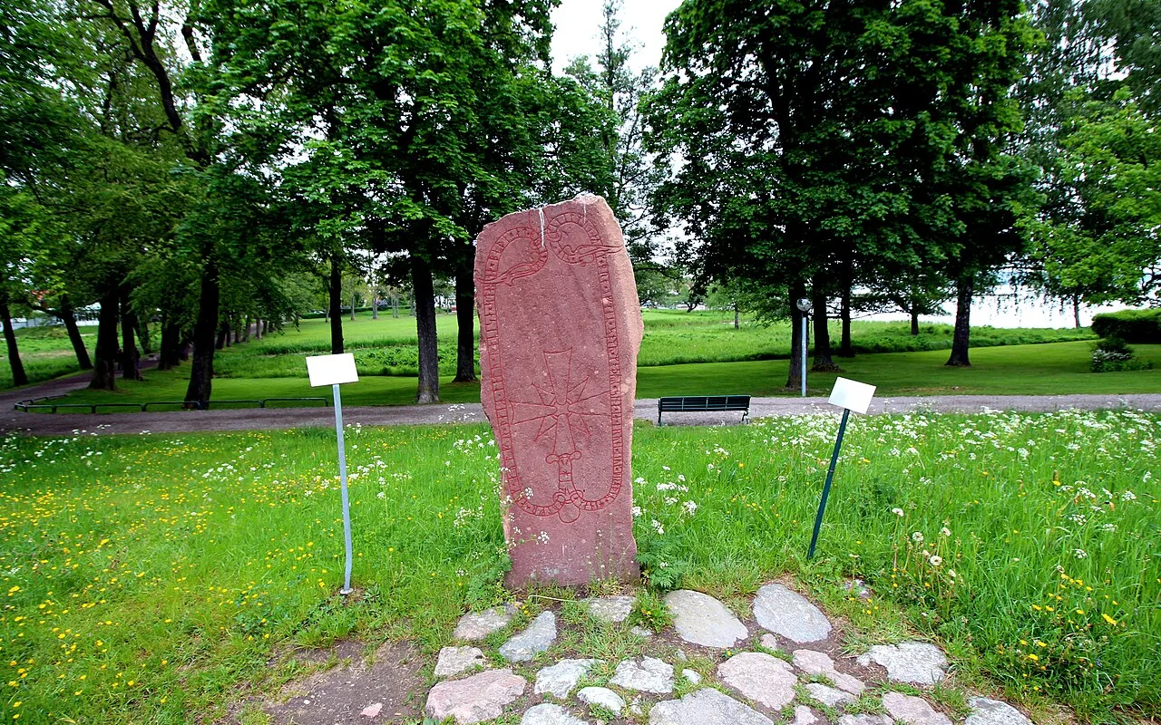 A carved runestone in the grounds of Gripsholm Castle